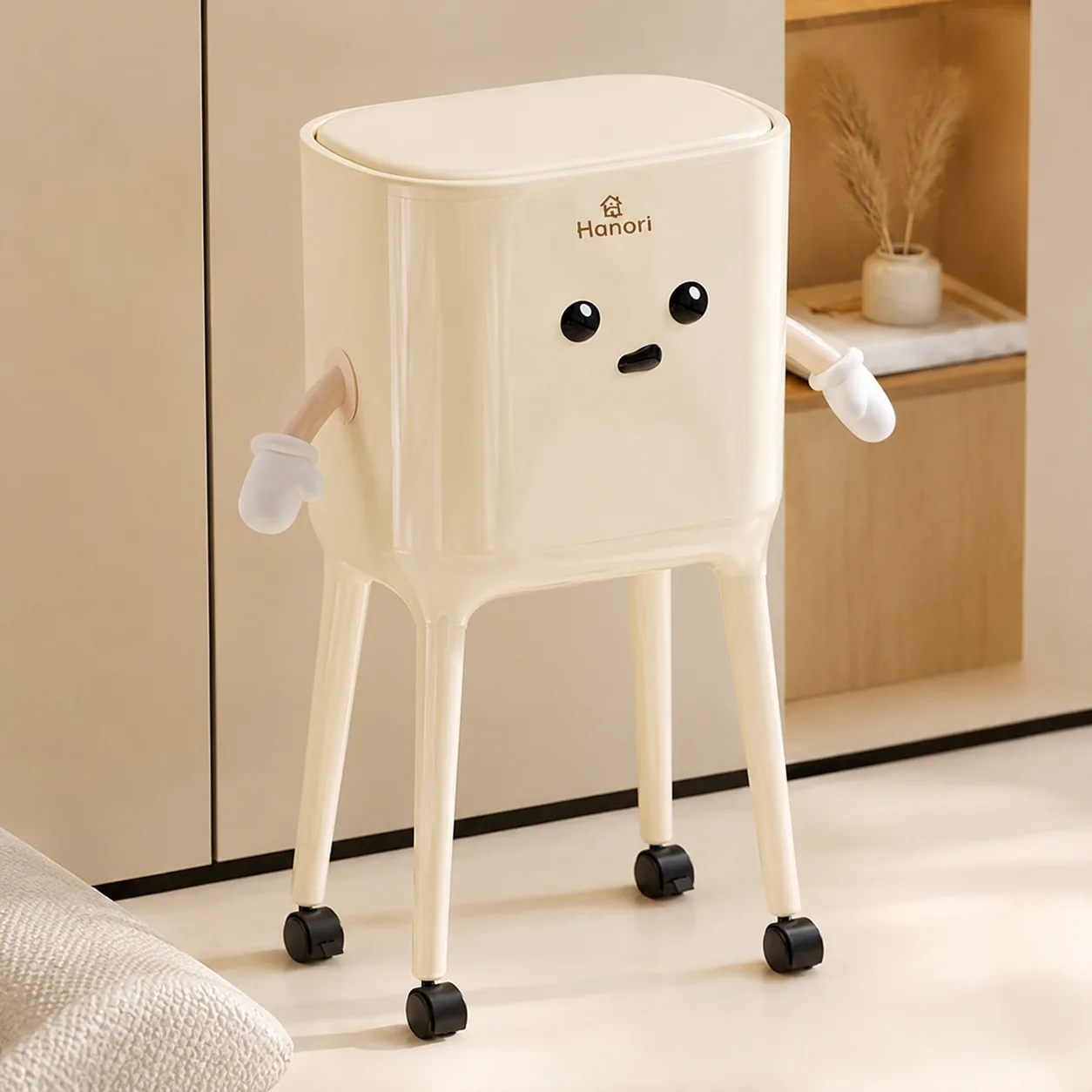 Thùng rác di động Hanori (mặt cười, có bánh xe)